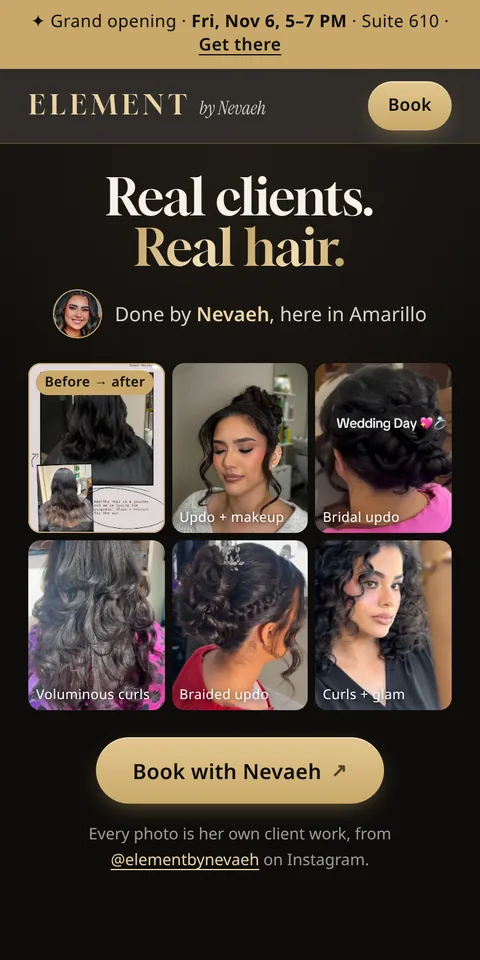 After: the new Element by Nevaeh homepage on a phone
