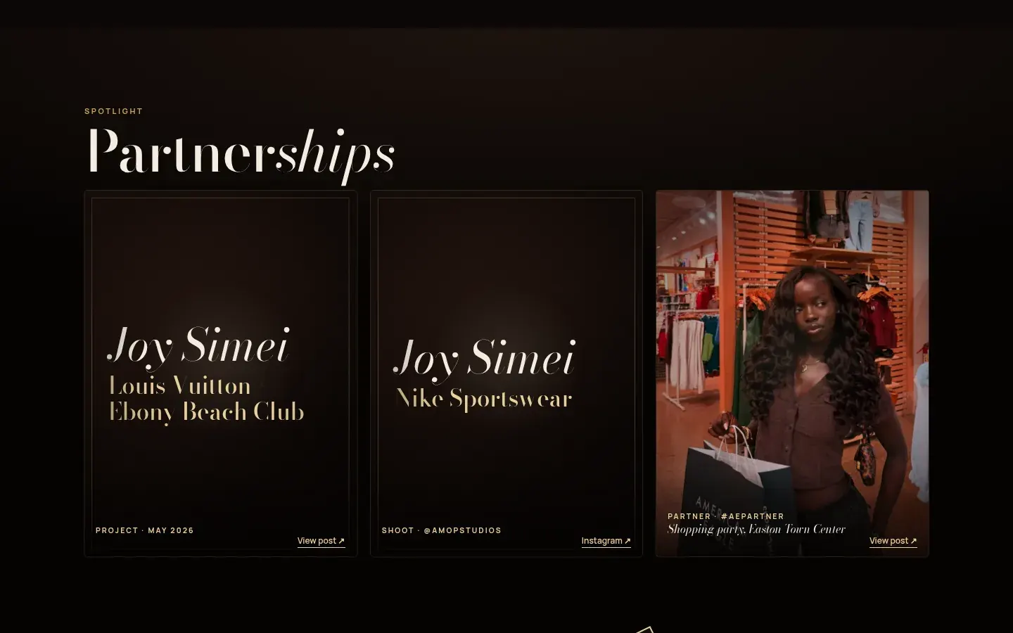 Joy Simei's site on desktop: the Partnerships section with three cards, Louis Vuitton Ebony Beach Club, Nike Sportswear and her American Eagle photo, each with a link to the post.