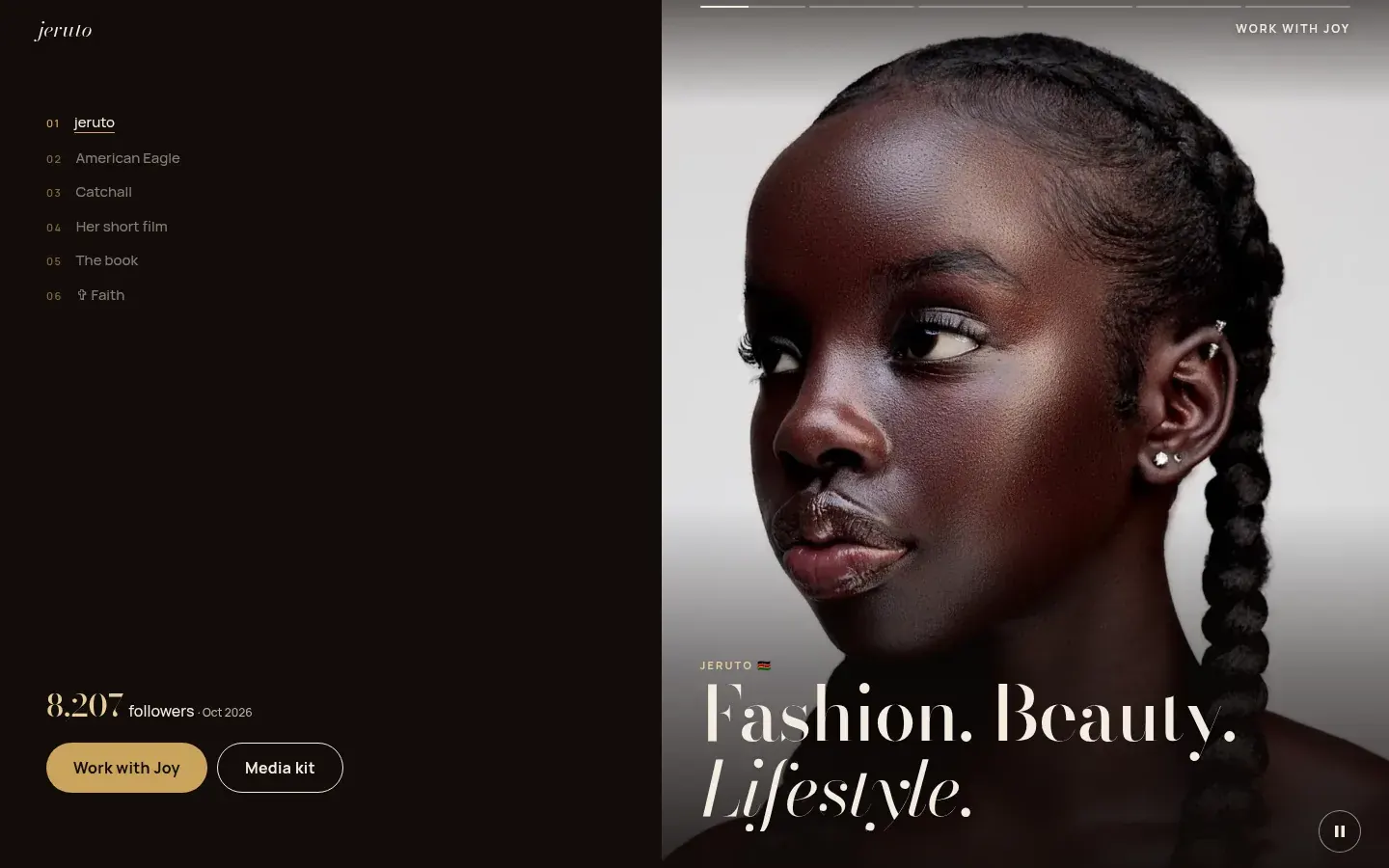 Joy Simei's site on desktop: a list of her stories on the left with Work with Joy, and a full-height reel photo with Fashion. Beauty. Lifestyle. on the right.