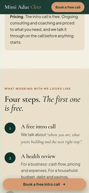 Three phone frames of Mimi Adut Cleto's four steps: a free intro call, a health review, a plan you can keep and monthly accountability.