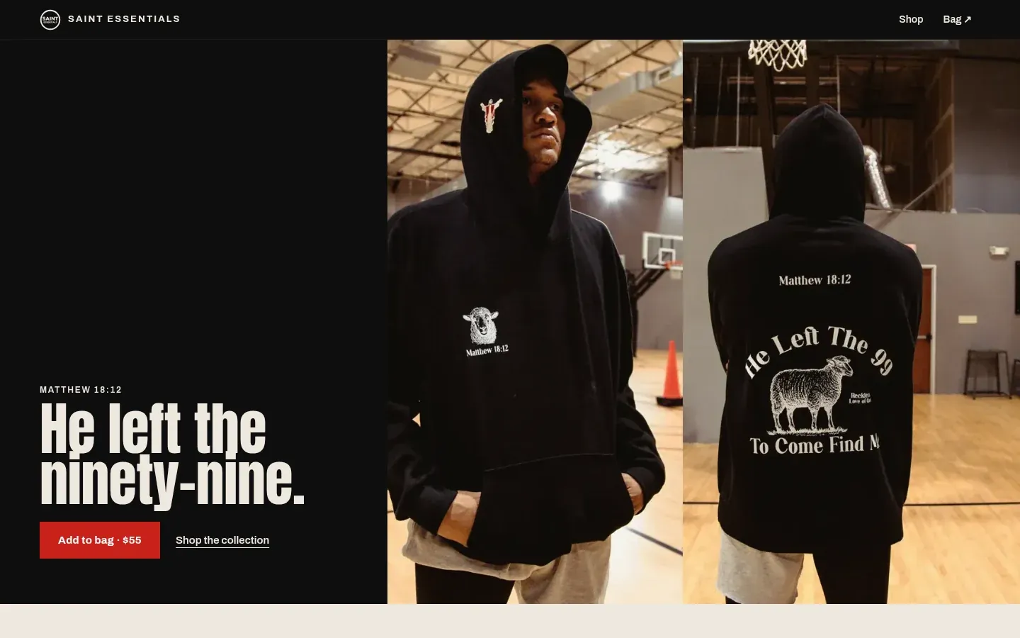 Saint Essentials' new site on desktop: 'He left the ninety-nine.' on black beside two photos of the hoodie worn, front and back.