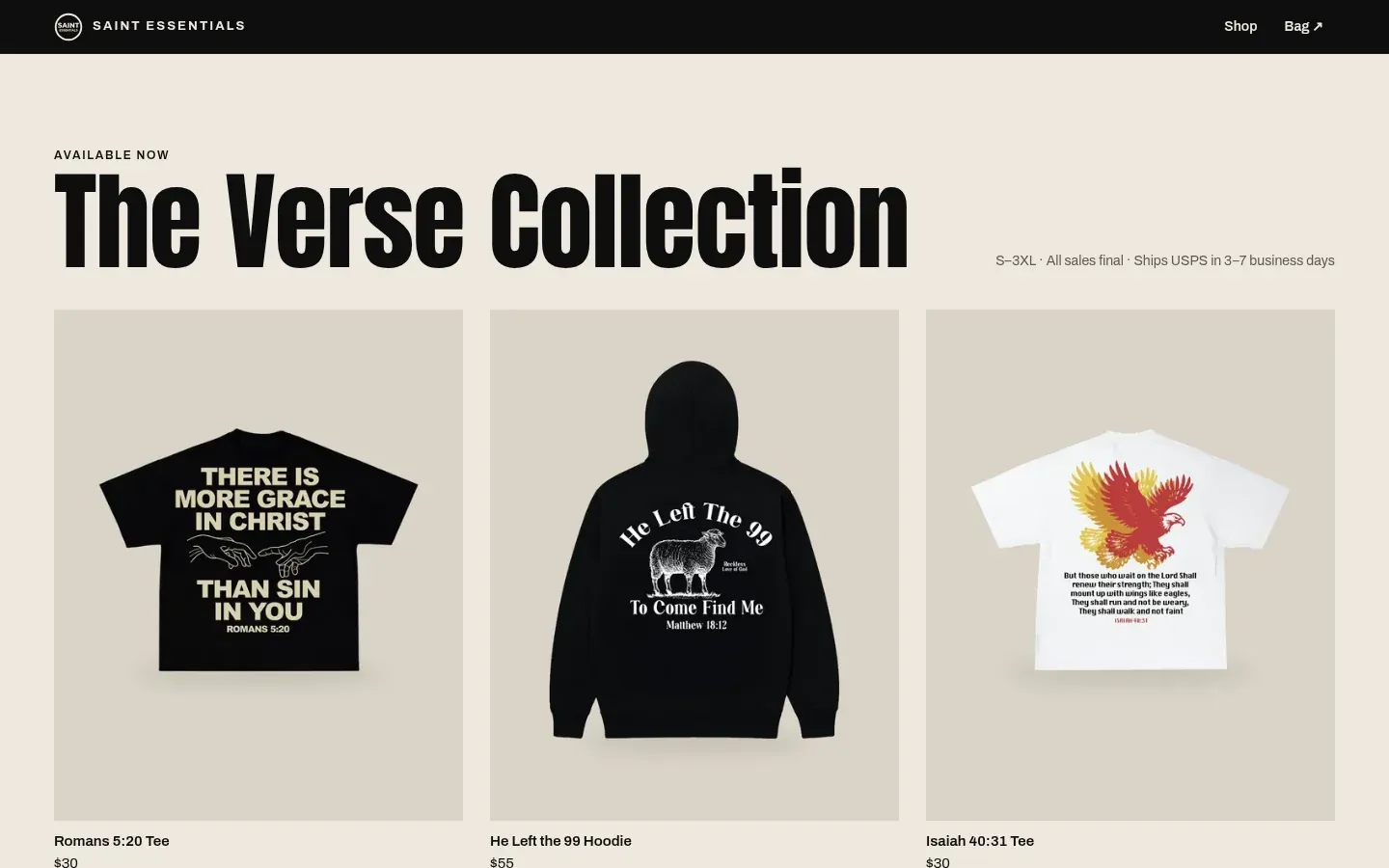 The Verse Collection grid: the Romans 5:20 tee, He Left the 99 hoodie and Isaiah 40:31 tee on matching stone backgrounds.