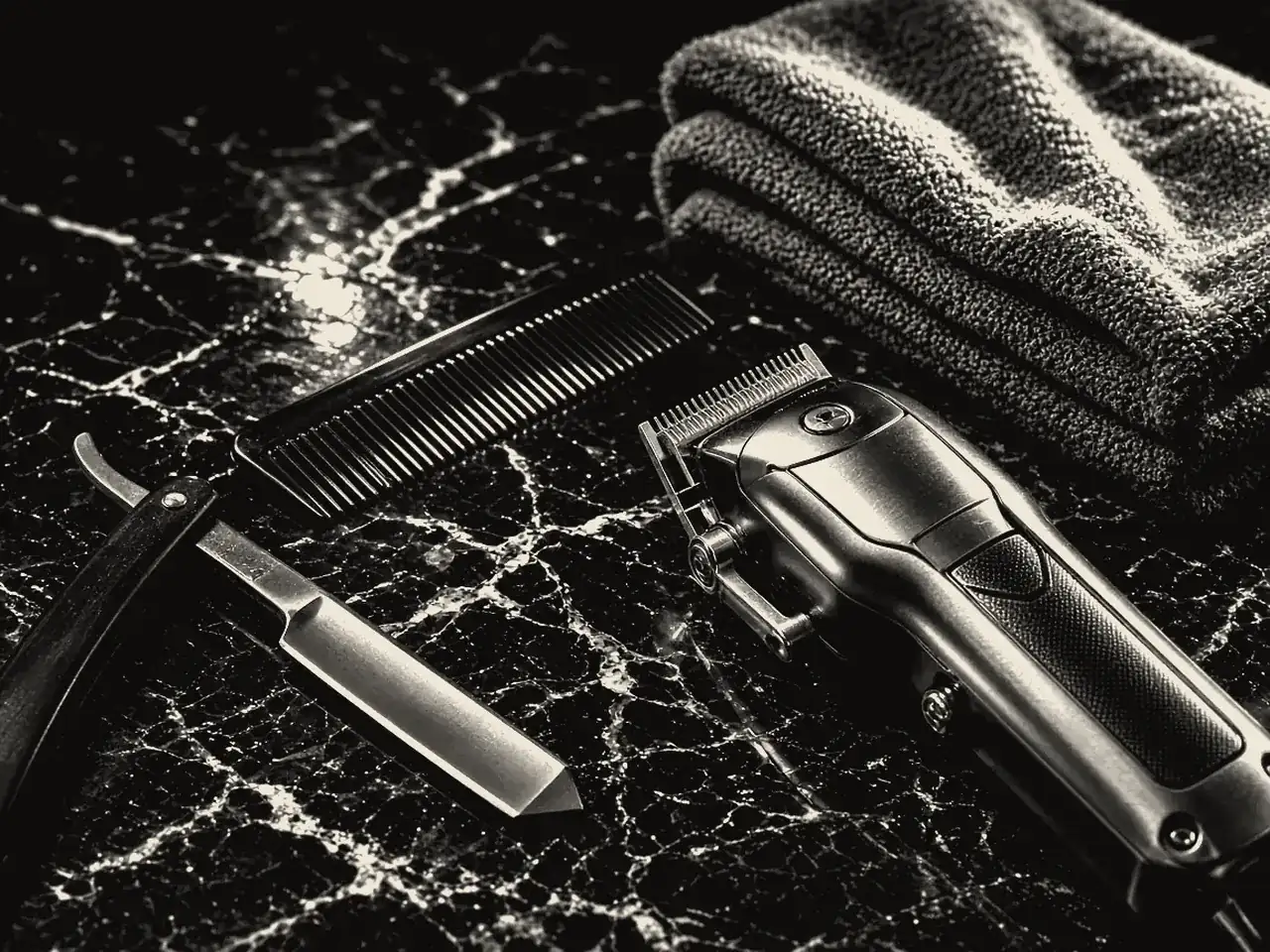Clippers, a comb and a straight razor on black marble beside a folded towel